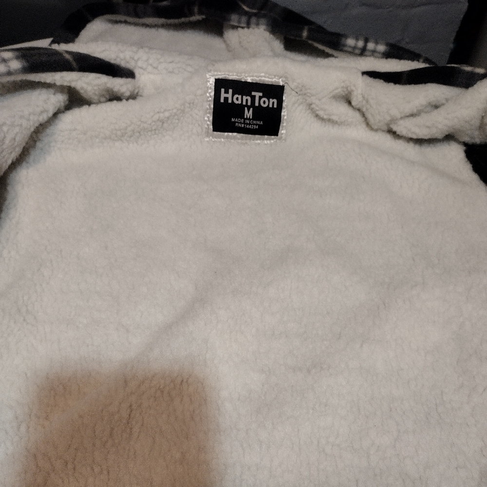Hanton Black and White Plaid Fleece Sherpa Lined Zippered Hooded Jacket - Picture 3 of 12